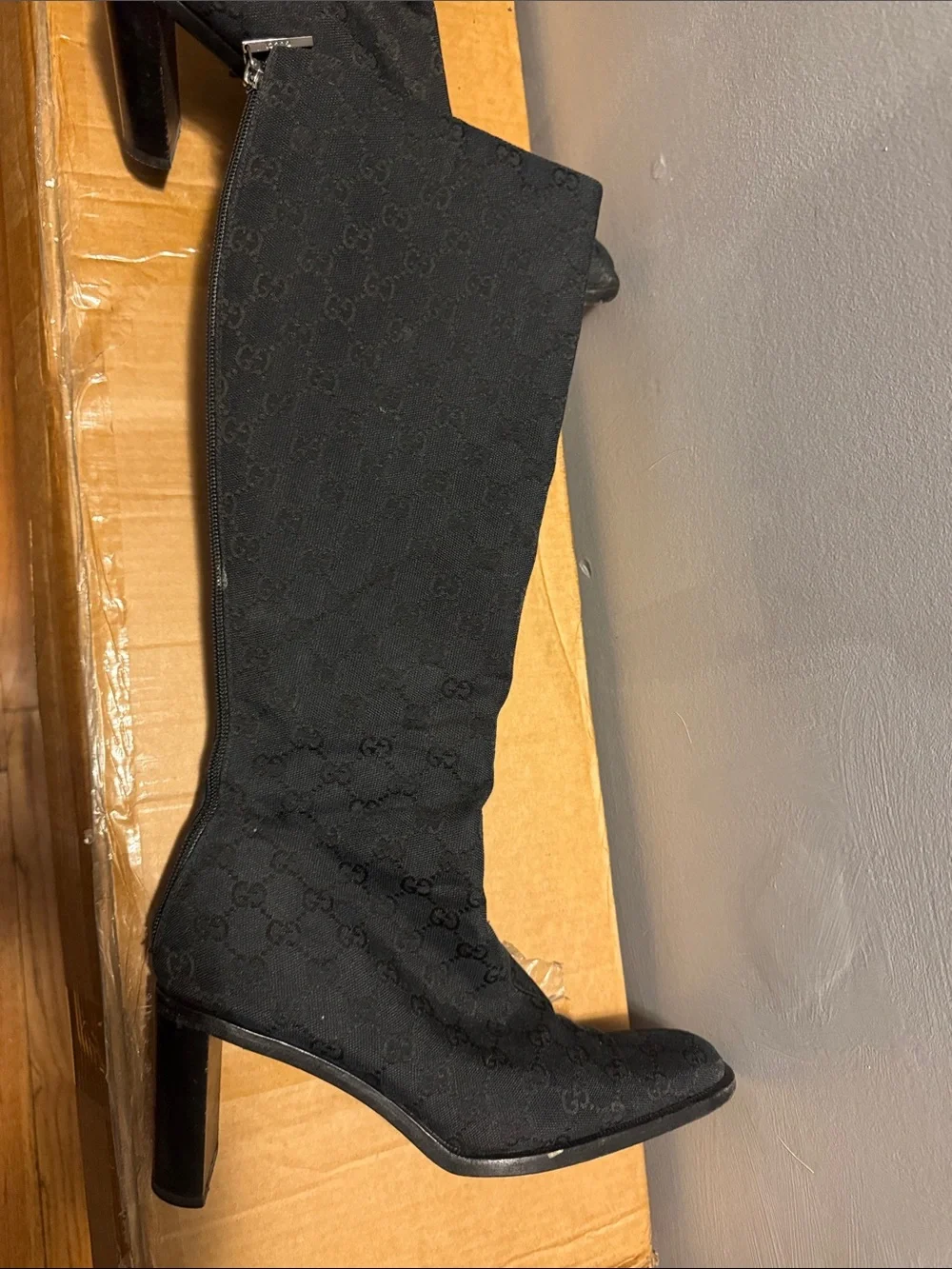 Gucci Black GG Monogram Over-the-Knee Boots with Block Heel